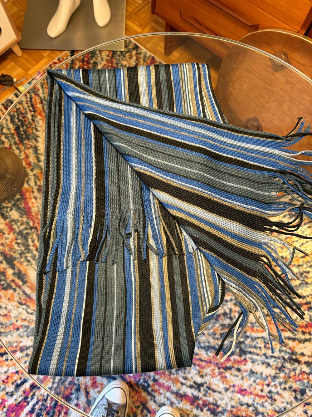 Striped Blue & Black Men's Fringe Scarf